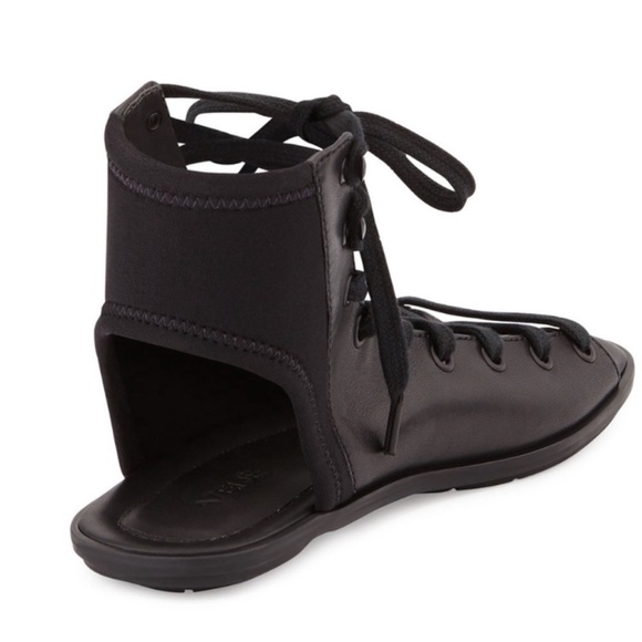 A7EIJE Black Genuine Leather lace up sandals size 7.5 - Picture 2 of 9